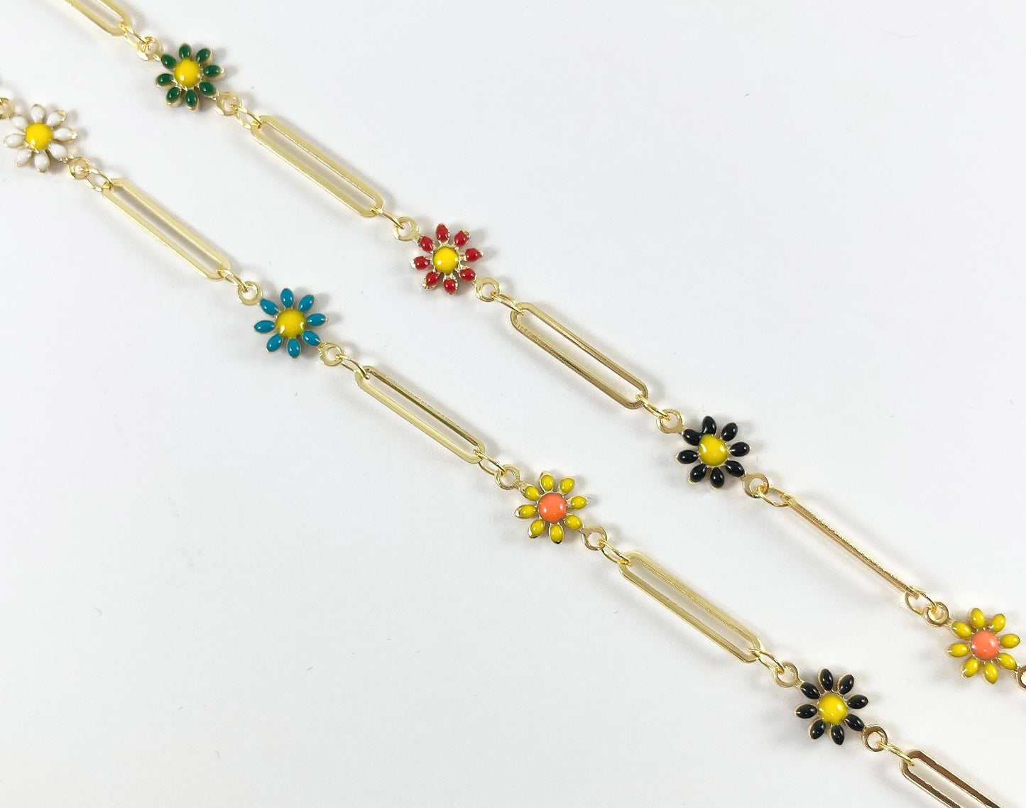 18K Gold Plated Enamel Plated Copper Multicolor Daisy Flower with Paperclip Chain