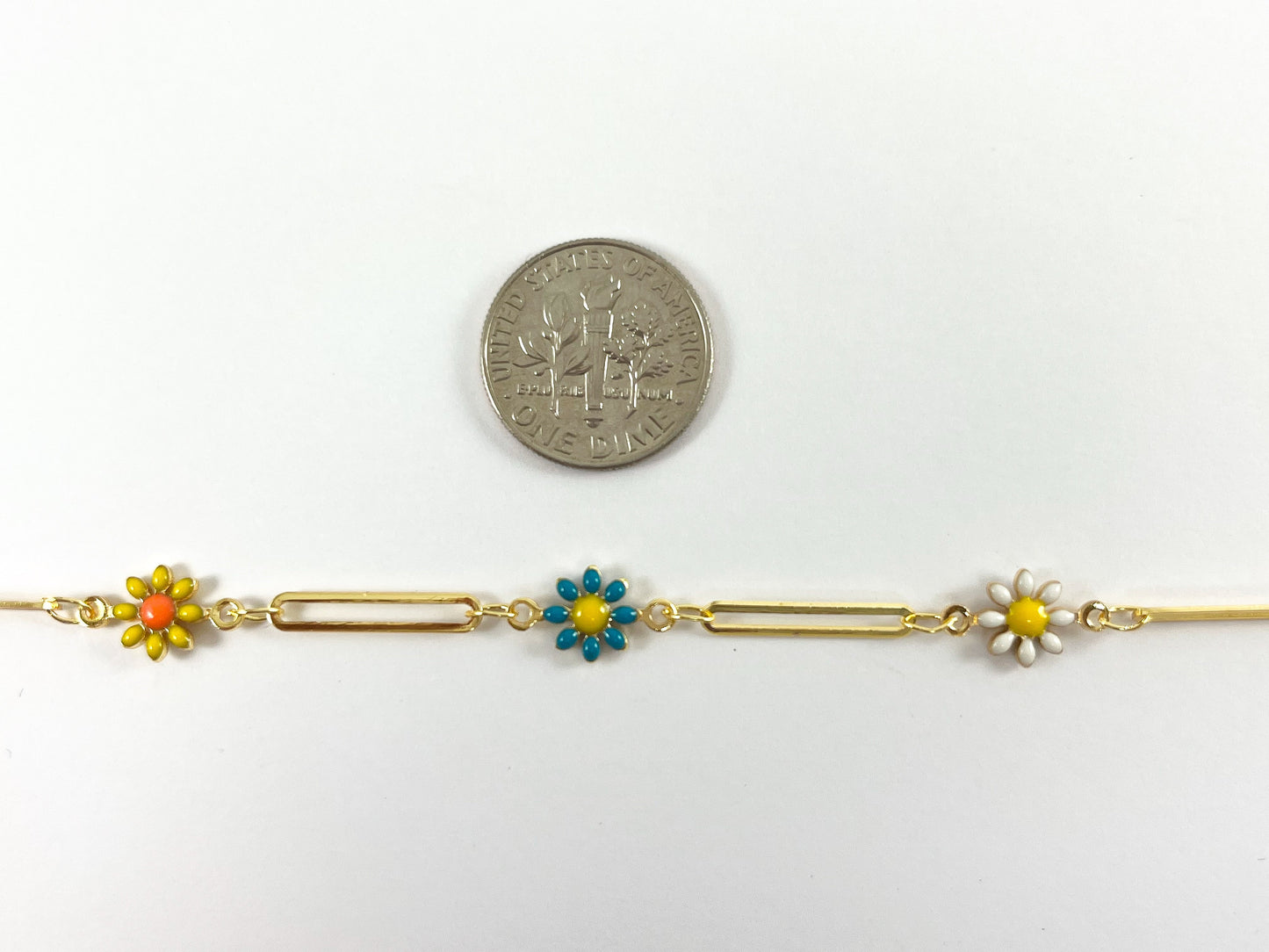 18K Gold Plated Enamel Plated Copper Multicolor Daisy Flower with Paperclip Chain