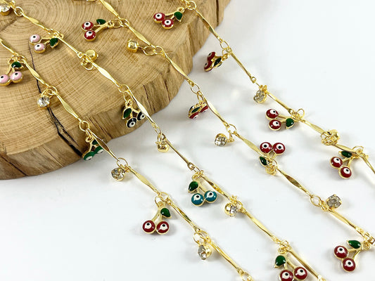 18K Gold Plated Enamel Plated Copper Cherry Evil Eye CZ Pave Dangle Chain For Bracelets, Anklets and Necklaces Making
