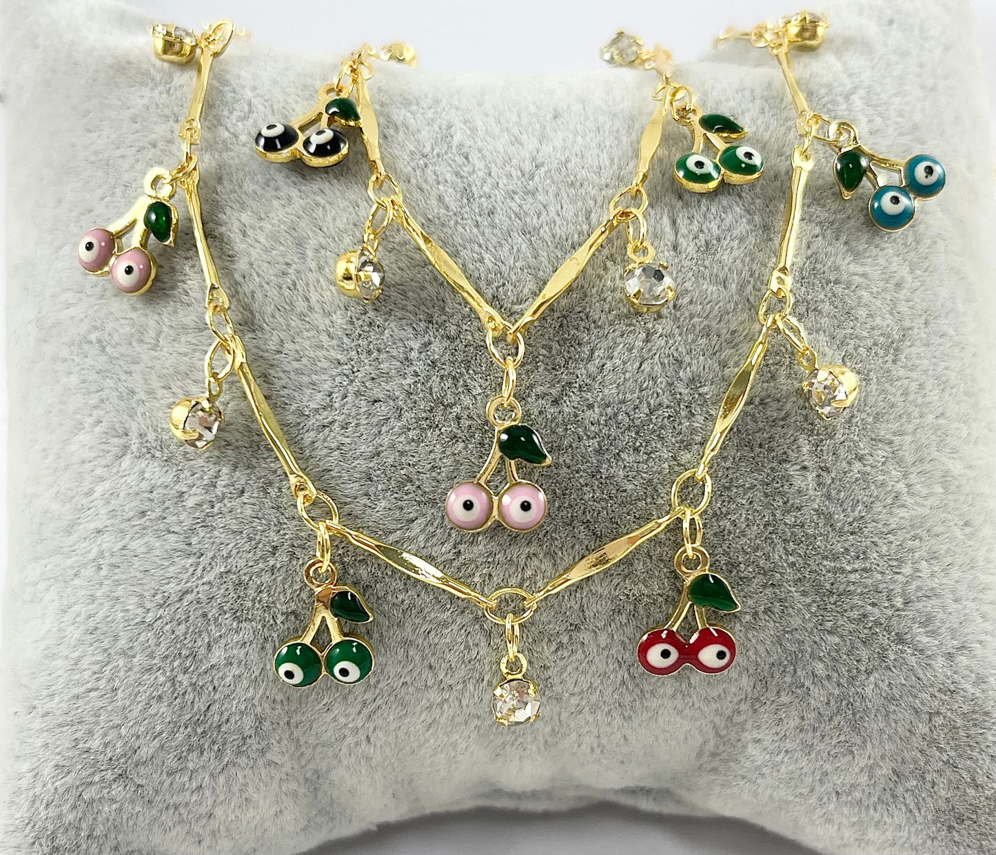 18K Gold Plated Enamel Plated Copper Cherry Evil Eye CZ Pave Dangle Chain For Bracelets, Anklets and Necklaces Making