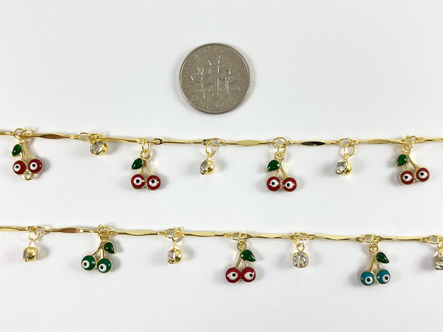 18K Gold Plated Enamel Plated Copper Cherry Evil Eye CZ Pave Dangle Chain For Bracelets, Anklets and Necklaces Making