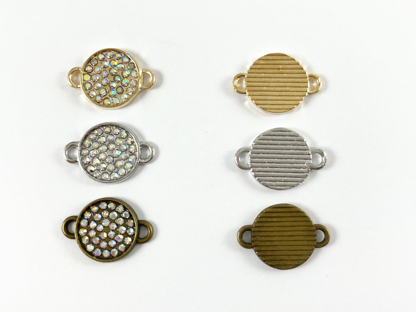 13mm Pewter Rhinestone Coin Connector Bezel 2 Loop Charm Available in Bronze, Copper, Gold, Silver and Gunmetal, Clear and Clear AB