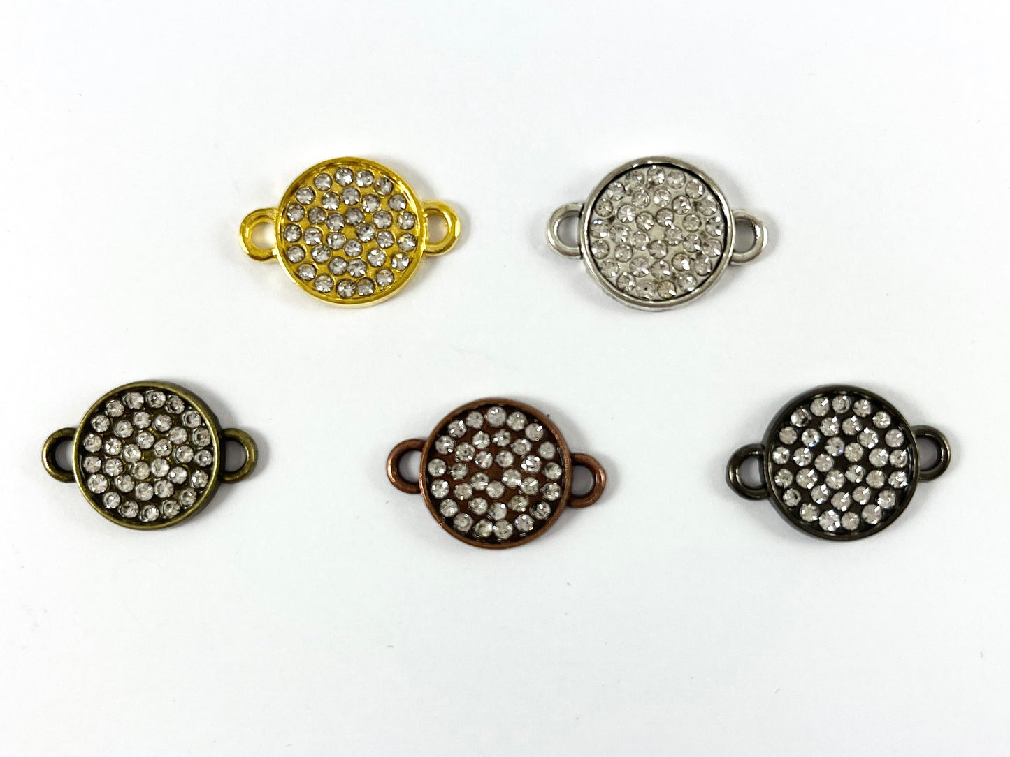 13mm Pewter Rhinestone Coin Connector Bezel 2 Loop Charm Available in Bronze, Copper, Gold, Silver and Gunmetal, Clear and Clear AB