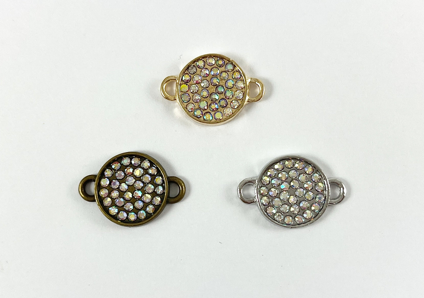 13mm Pewter Rhinestone Coin Connector Bezel 2 Loop Charm Available in Bronze, Copper, Gold, Silver and Gunmetal, Clear and Clear AB