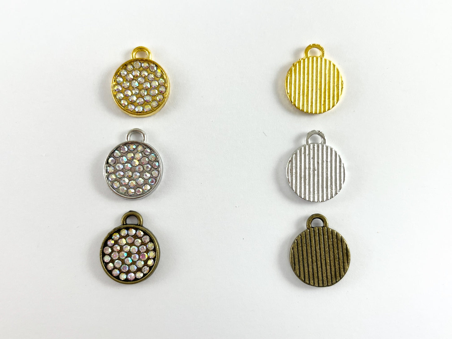 13mm Pewter Rhinestone Coin Bezel 1 Loop Charm Available in Bronze, Copper, Gold, Silver and Gunmetal, Clear and Clear AB