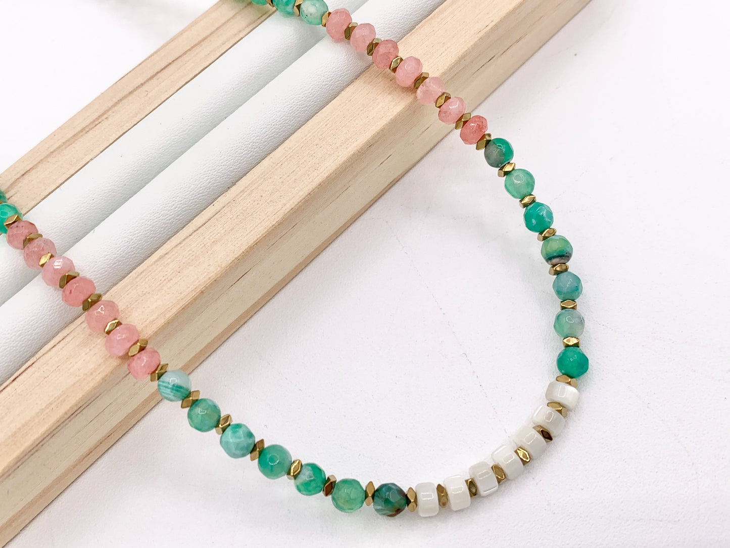 Delicate Dyed Agate + Shell Heishi Beaded Necklace 18K Gold Plated Copper Clasps Finished Necklace 15-16" 1 PC