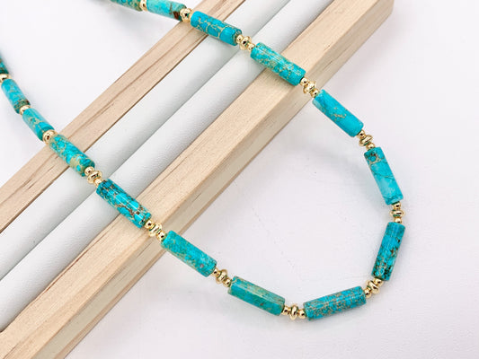Delicate Turquoise Variscite Tube Beaded Necklace with 18K Gold Plated Copper Spacers & Clasps Finished Necklace 16" 1 PC