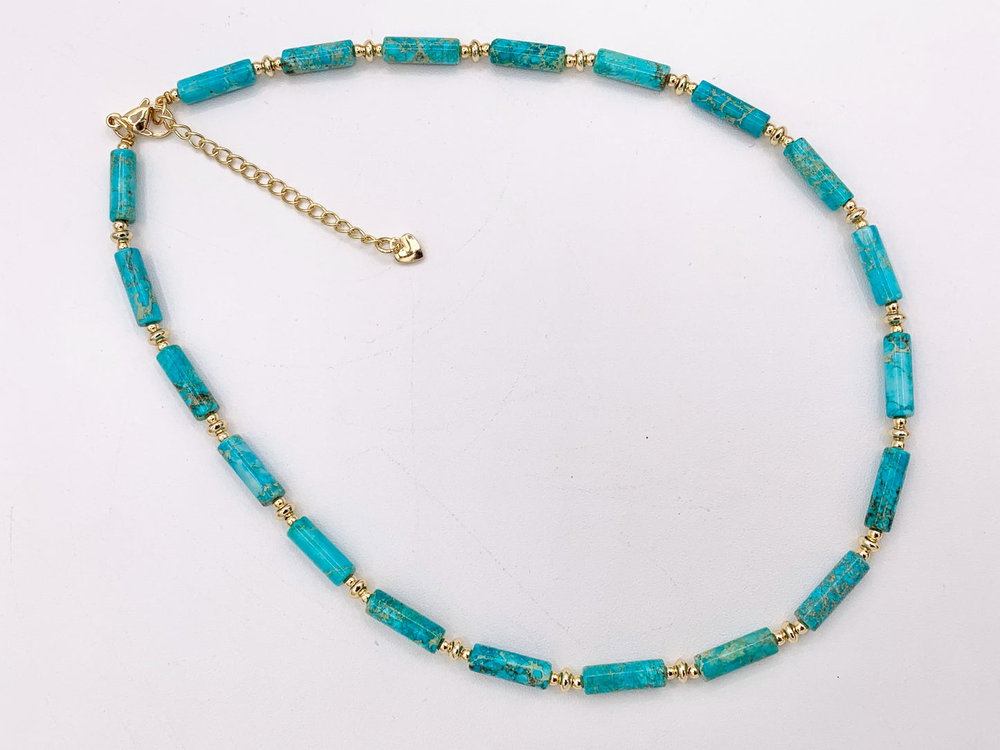 Delicate Turquoise Variscite Tube Beaded Necklace with 18K Gold Plated Copper Spacers & Clasps Finished Necklace 16" 1 PC