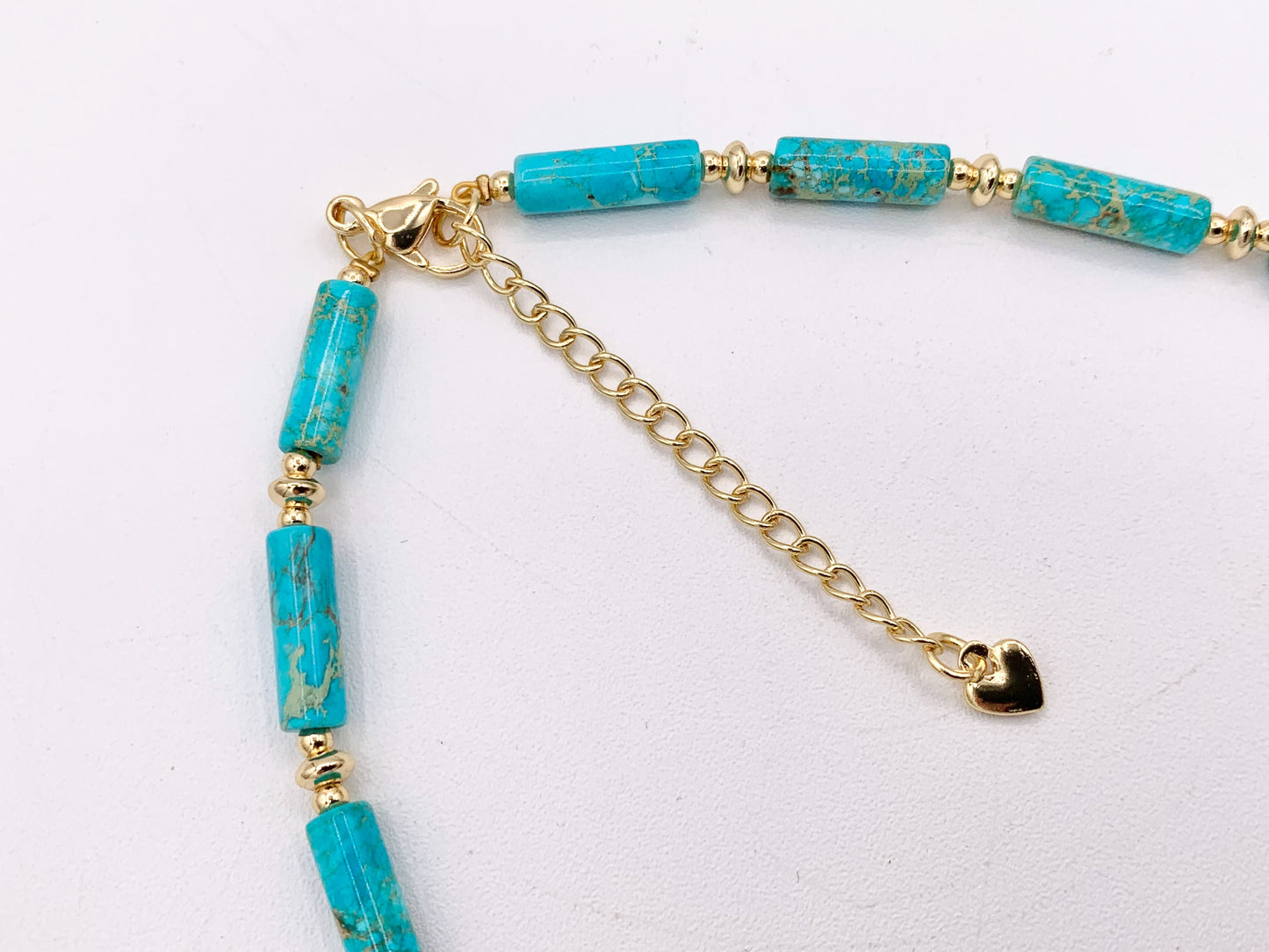 Delicate Turquoise Variscite Tube Beaded Necklace with 18K Gold Plated Copper Spacers & Clasps Finished Necklace 16" 1 PC