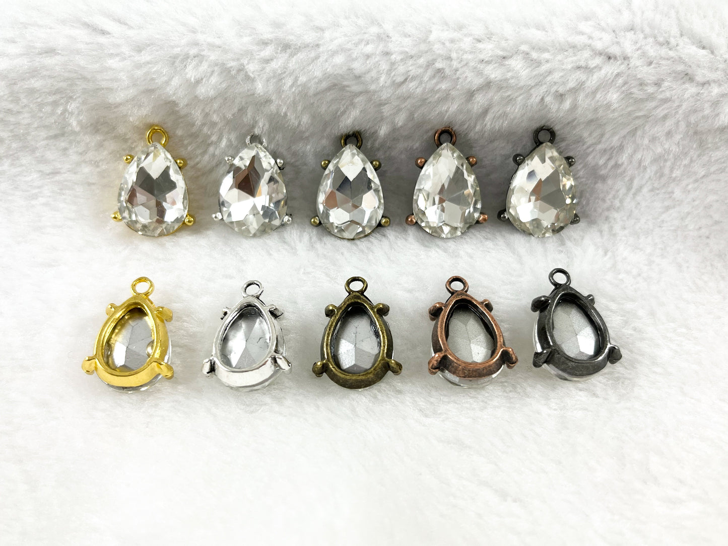 16x18mm Pewter Rhinestone Teardrop Bezel Crystal Glass Charm Available in Bronze, Copper, Gold, Silver and Gunmetal, Clear and Clear AB
