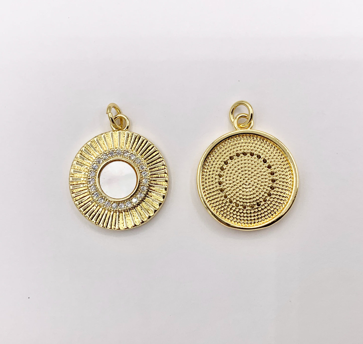 Mother of Pearl Coin Pendant CZ Pave Charm in Real Gold 18K Plated Over Brass 5 PCS