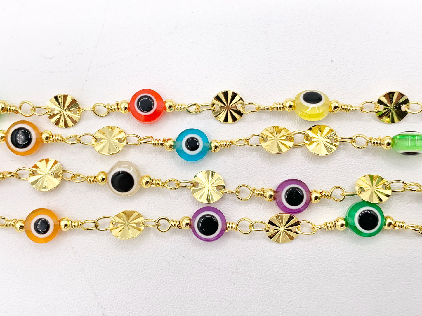 Multicolor Enamel Evil Eye + Gold Coin Disc Chain in 18K Gold Plated Copper 1 Spool