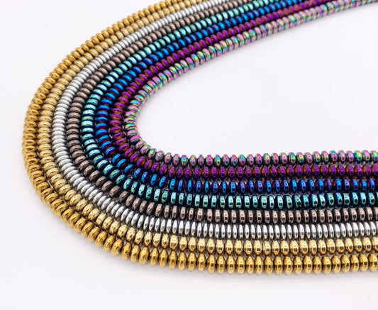 4mm Natural Hematite Rondelle Saucer Smooth Energy Beads Around 15"-16" Available in 8 Colors 1 Strand