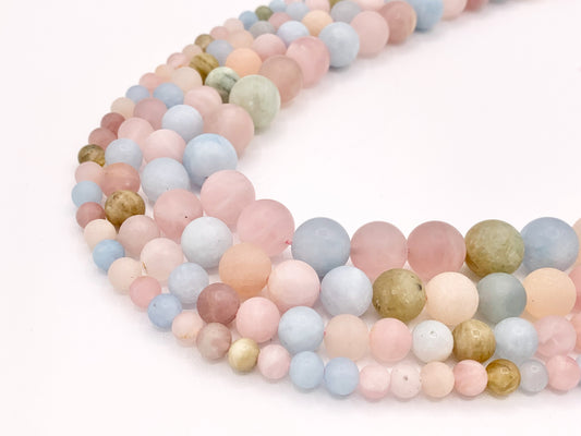 Matte Aquamarine Morganite Mixed Round Natural Gemstone Beads Pastel Pink Blue Color Beads 6mm 8mm 10mm 12mm 15"- 16"
