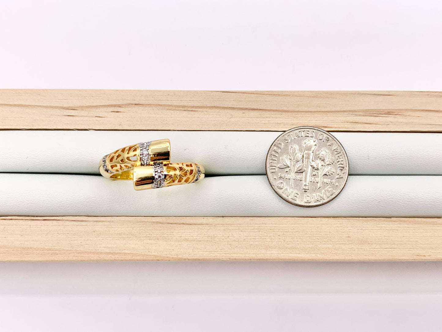 Beautiful 2 Tone Filigree Bypass Adjustable Ring in Real Gold/Silver 18K Plated 4 PCS