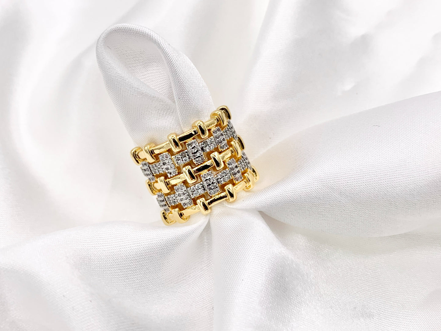 2 Tone Thick Chunky Adjustable Ring in Real Gold/Platinum 18K Plated Copper CZ Pave  3 PCS