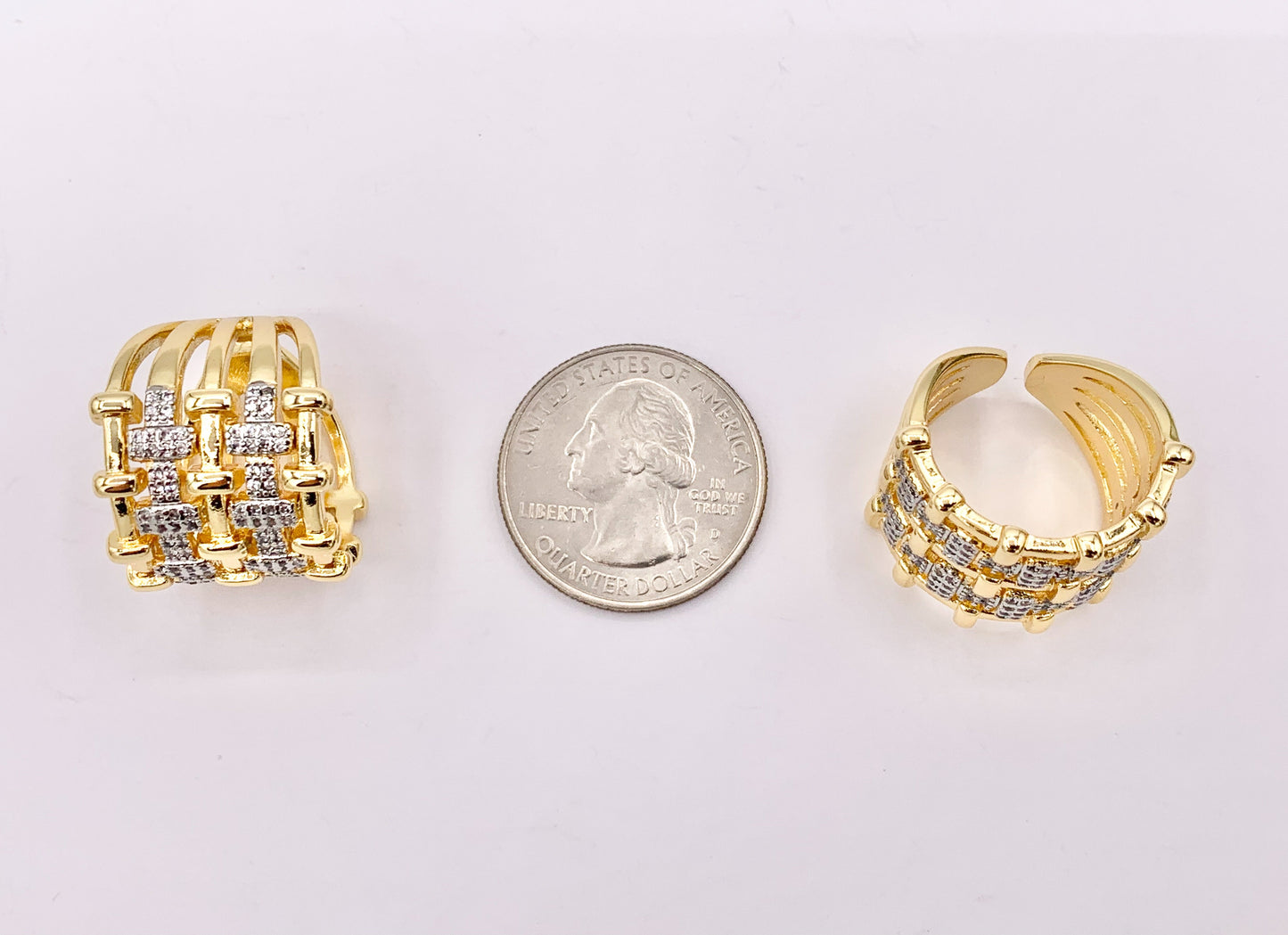2 Tone Thick Chunky Adjustable Ring in Real Gold/Platinum 18K Plated Copper CZ Pave  3 PCS