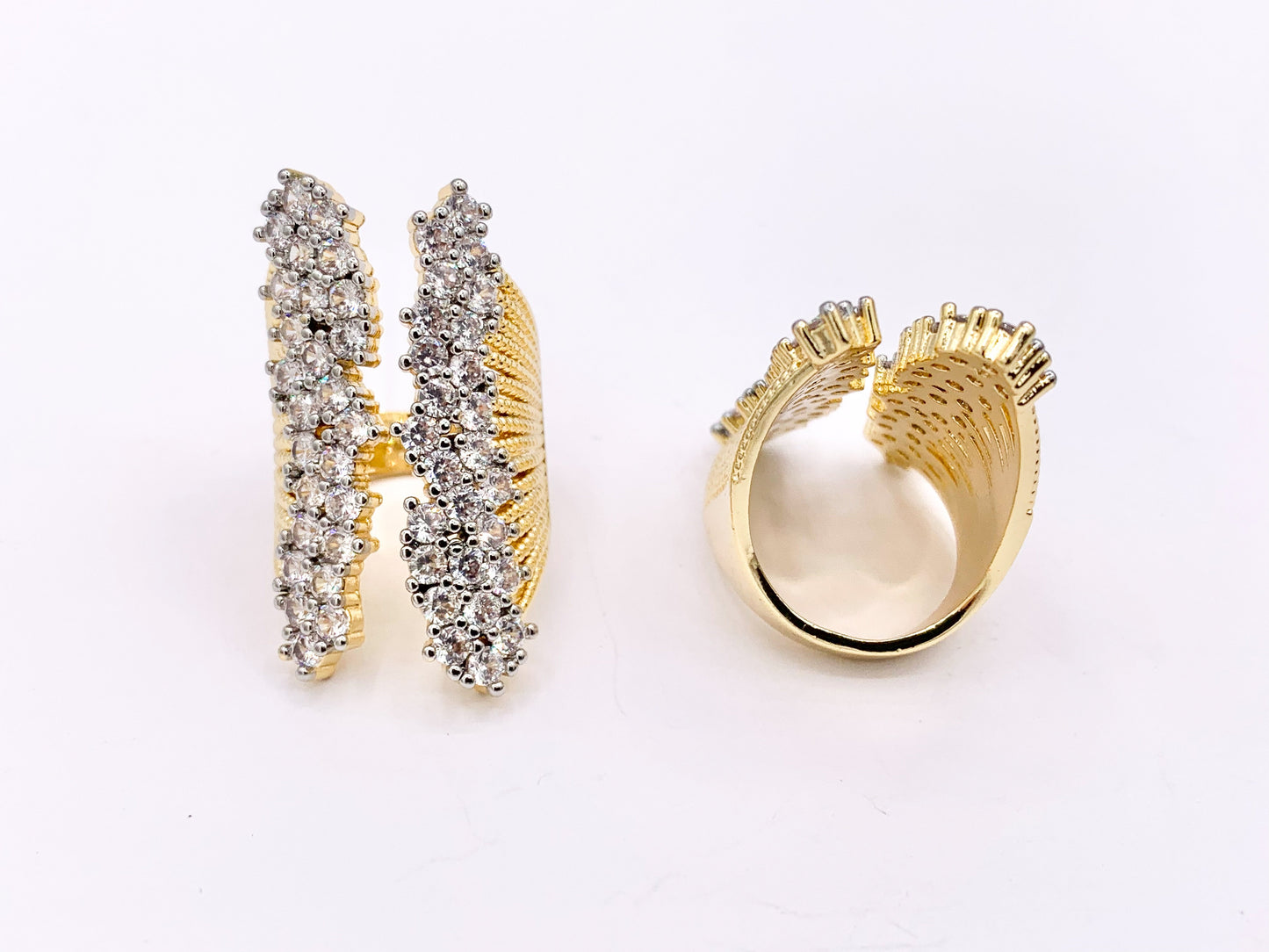 2 Tone Thick Chunky Front Open Adjustable Ring in Real Gold/Platinum 18K Plated Copper CZ Pave 3 PCS