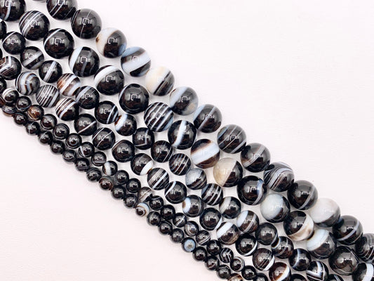 Grade AAA Black Sardonyx with White Stripes Agate Round Smooth Shiny Polished Natural Stone Beads 4mm 6mm 8mm 10mm Around 14-15"