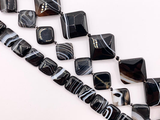 Grade AAA Black Sardonyx with White Stripes Agate Shiny Polished Square And Diamond Shape Natural Stone Beads Around 15"