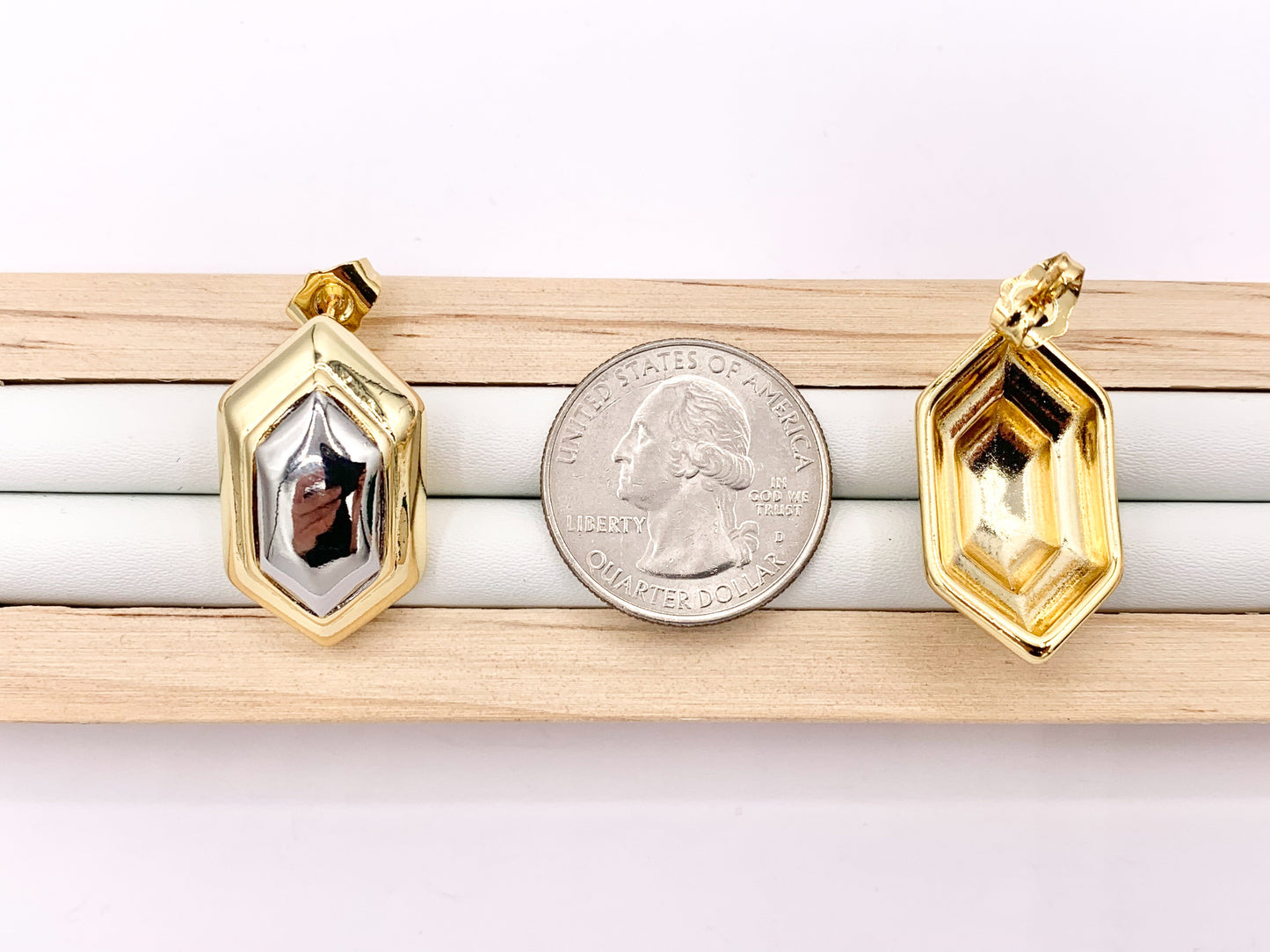 2 Tone Minimalist Hexagon Shaped Earring Studs in 18K Gold/Silver Plated Over Brass  3 PAIRS