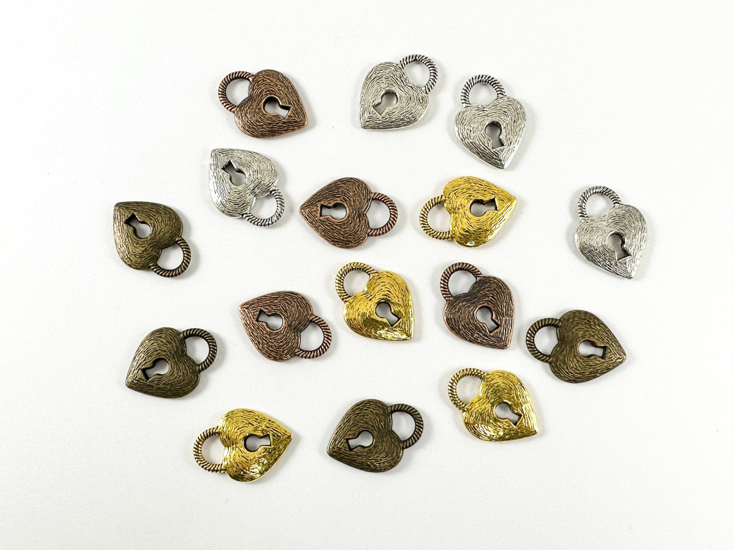 Pewter Rustic Heart Lock Charms Valentine's Day Heart Lock Textured Pendants in Antique Gold, Silver, Copper and Bronze Color