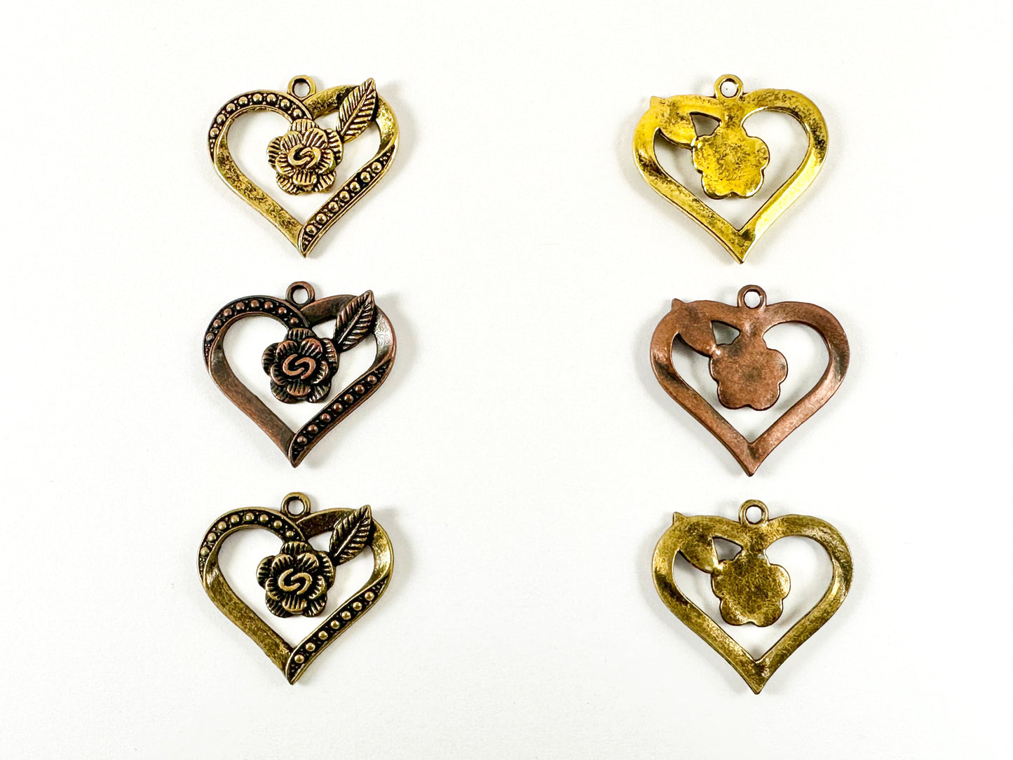Pewter Rustic Heart With Rose Charms Valentine's Day Heart Pendants in Antique Gold, Copper and Bronze Color
