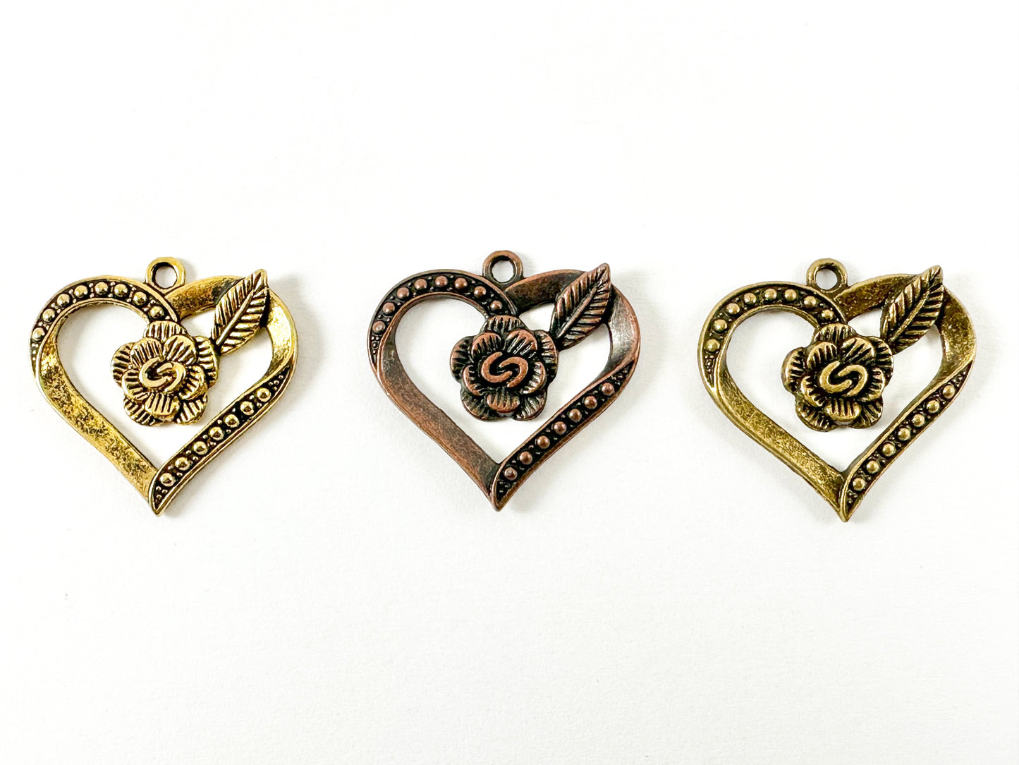 Pewter Rustic Heart With Rose Charms Valentine's Day Heart Pendants in Antique Gold, Copper and Bronze Color