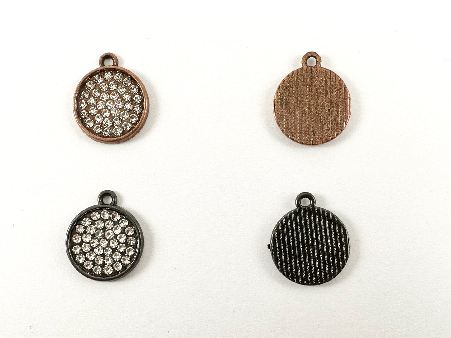 16mm Pewter Rhinestone Coin Charm Bezel 1 Loop Charm Available in Bronze, Copper, Gold, Silver and Gunmetal, Clear and Clear AB