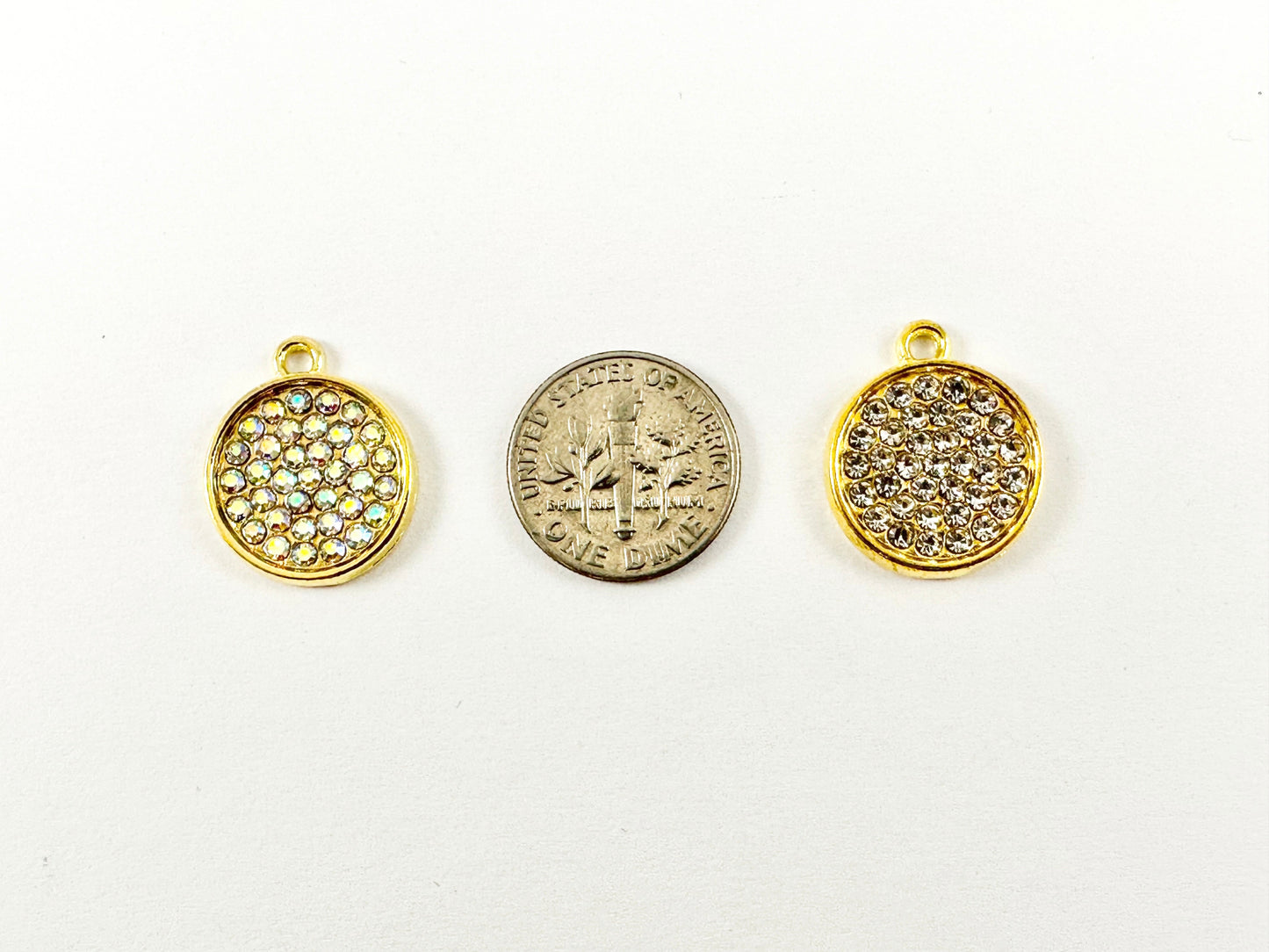 16mm Pewter Rhinestone Coin Charm Bezel 1 Loop Charm Available in Bronze, Copper, Gold, Silver and Gunmetal, Clear and Clear AB