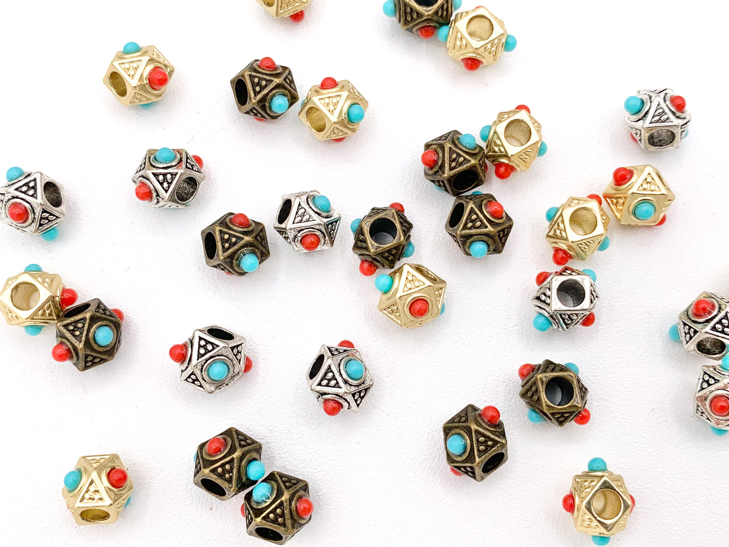 6x9mm Pewter Cube Faceted Spacer Beads with Red & Blue Beads Tiny Nugget Space Beads for Jewelry Making Antique Gold, Silver, Bronze