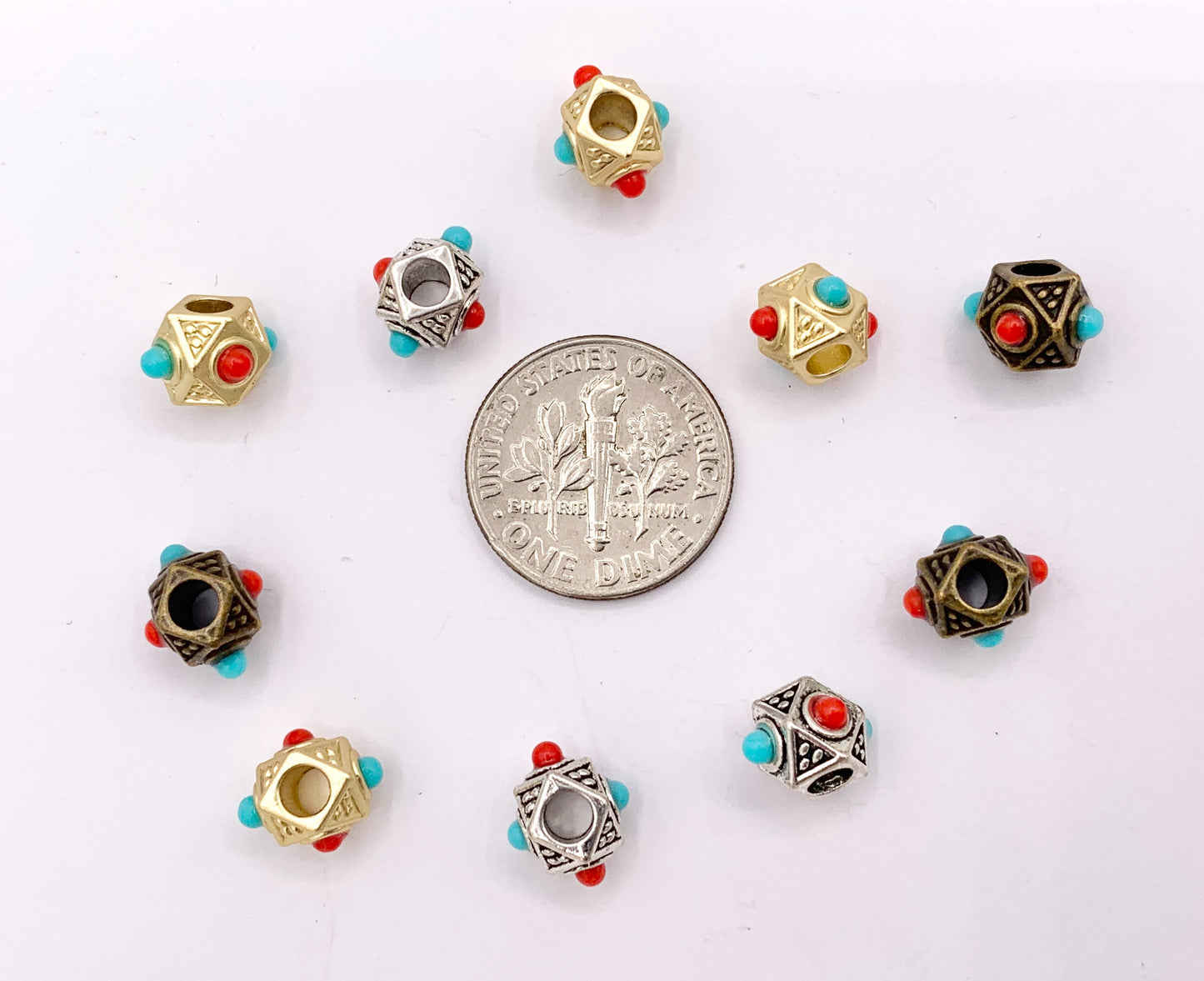 6x9mm Pewter Cube Faceted Spacer Beads with Red & Blue Beads Tiny Nugget Space Beads for Jewelry Making Antique Gold, Silver, Bronze