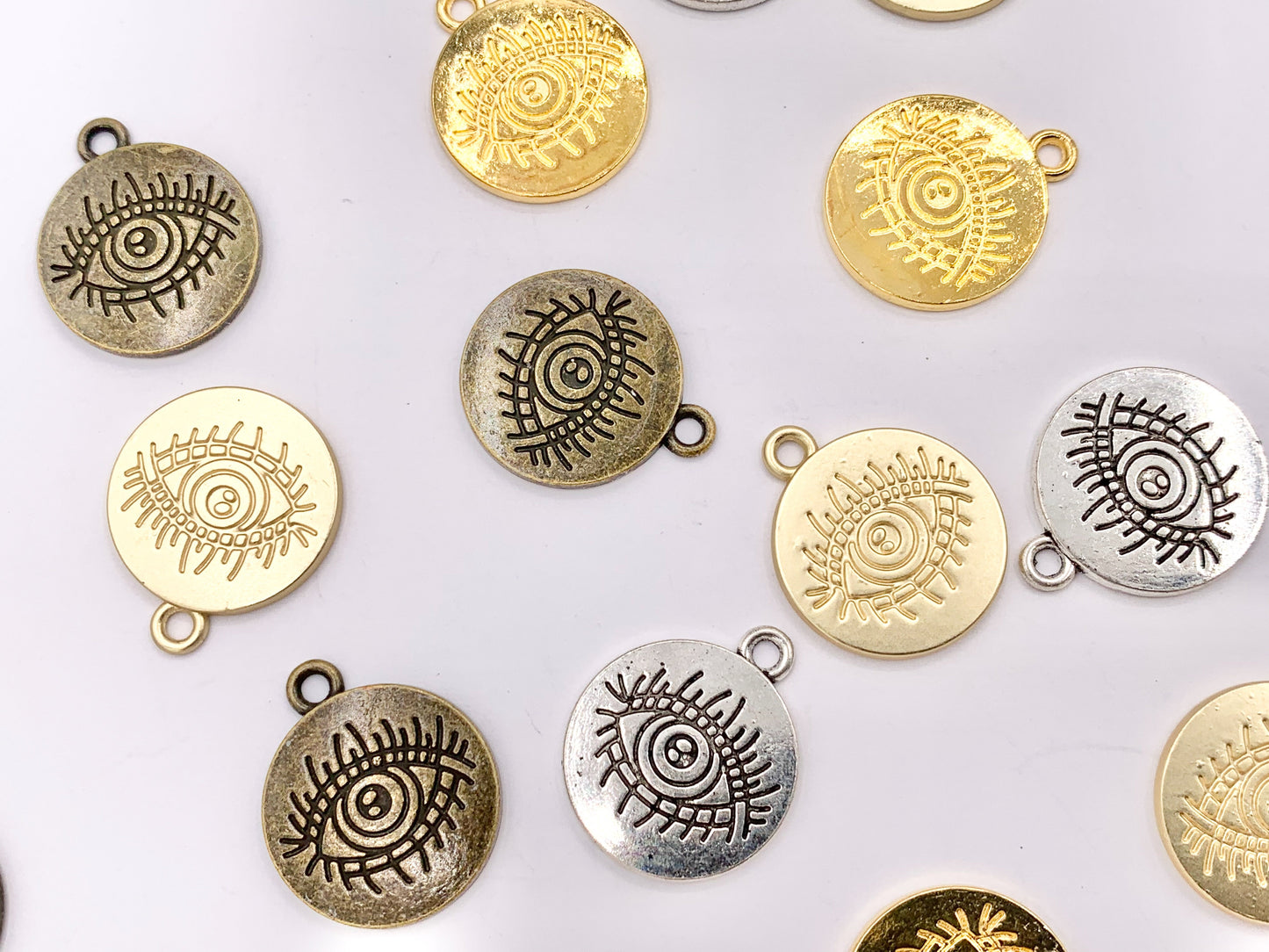 16mm Pewter Evil Eye Carved Circle Pendants Curved Coin One Sided Charms Bulk Order in Gold, Matte Gold, Silver, Brass