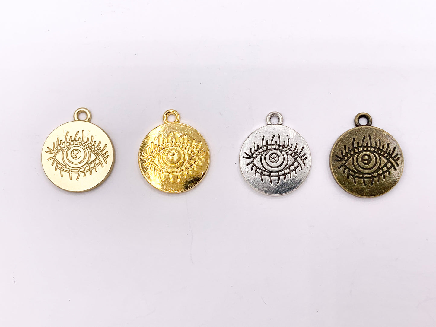 16mm Pewter Evil Eye Carved Circle Pendants Curved Coin One Sided Charms Bulk Order in Gold, Matte Gold, Silver, Brass