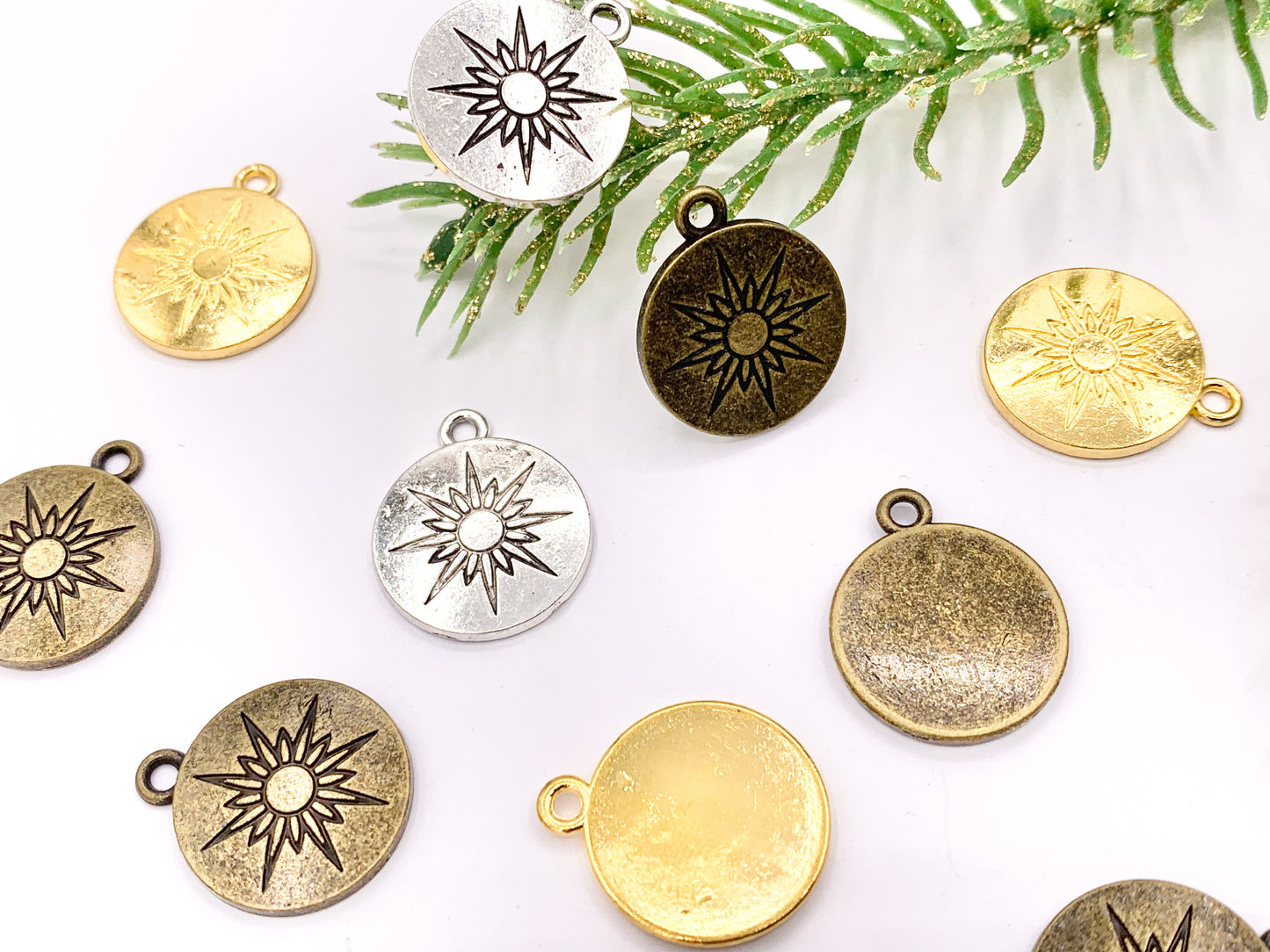 16mm Pewter Sunburst Carved Circle Pendants Curved Coin One Sided Charms Bulk Order in Gold, Silver, Brass 40 PCS