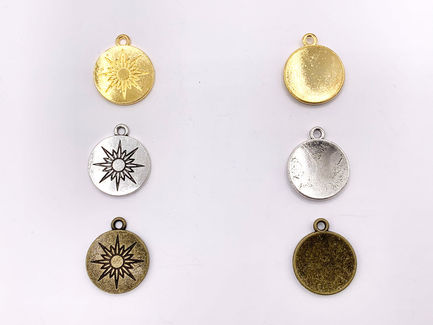 16mm Pewter Sunburst Carved Circle Pendants Curved Coin One Sided Charms Bulk Order in Gold, Silver, Brass 40 PCS