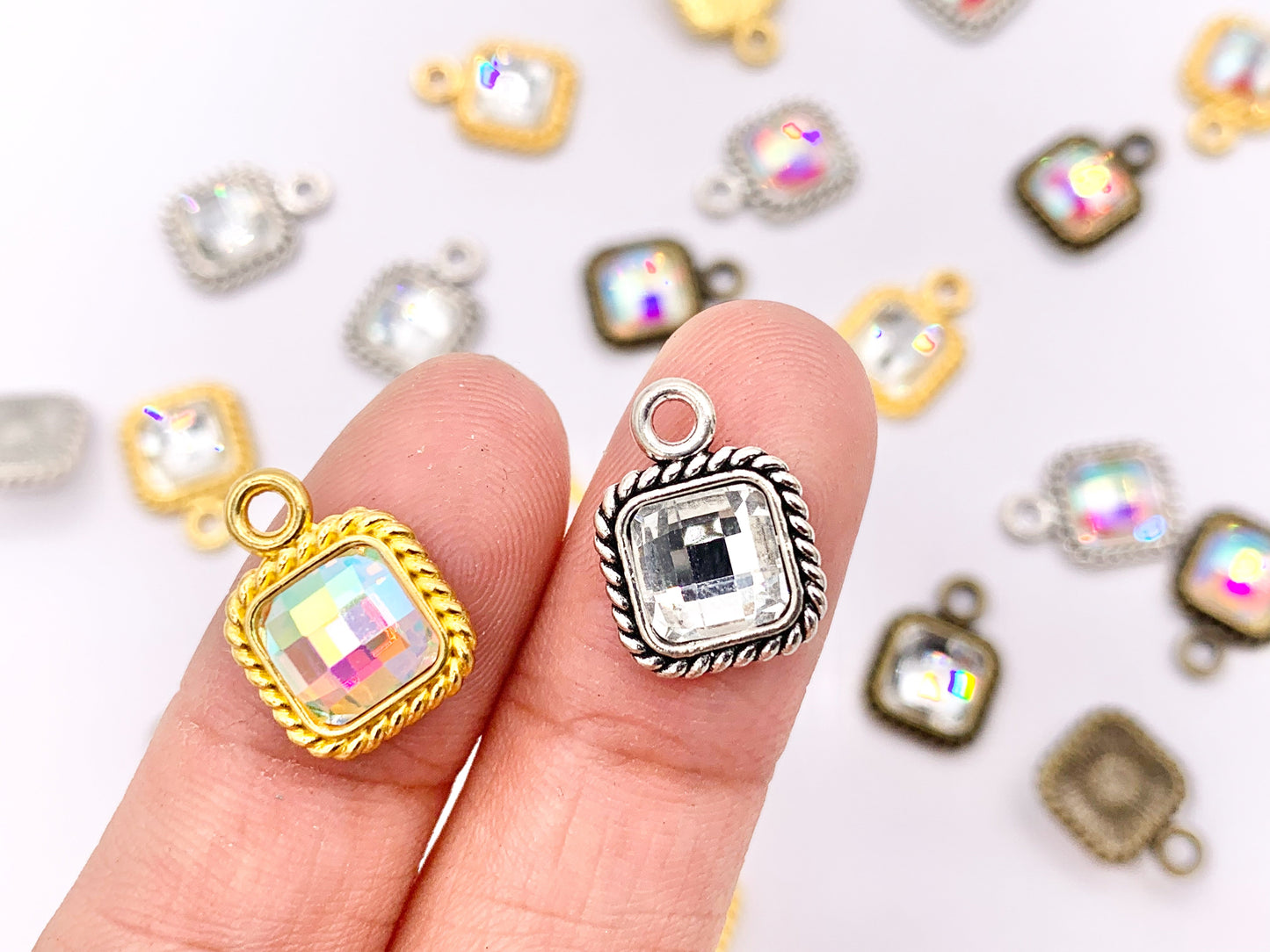 10mm Pewter Tiny Clear/ Clear AB Crystal Square Charm Mini Diamond Charm Available in Bronze, Gold, Silver