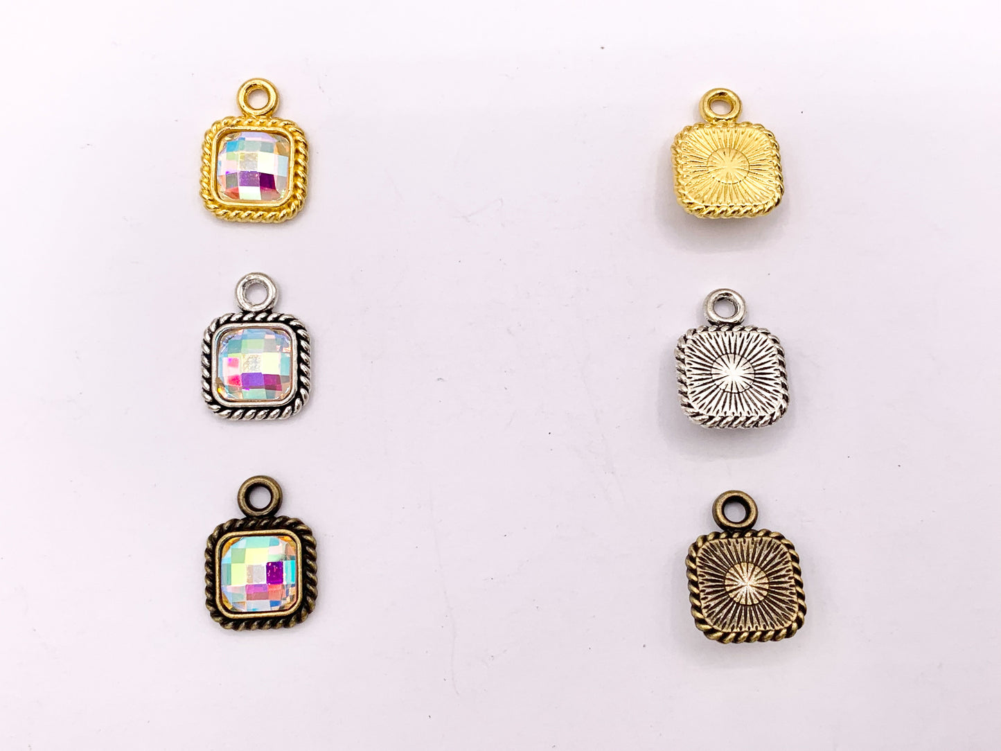 10mm Pewter Tiny Clear/ Clear AB Crystal Square Charm Mini Diamond Charm Available in Bronze, Gold, Silver