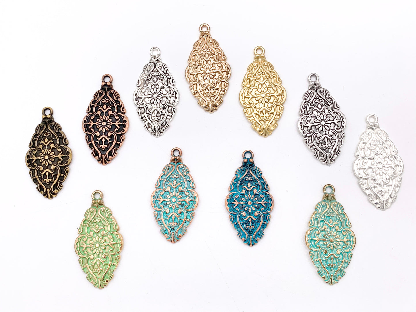 28x56mm Pewter Flower Carved Shield Pendants Beautiful Antique Looking Oval Pendant in 11 Colors