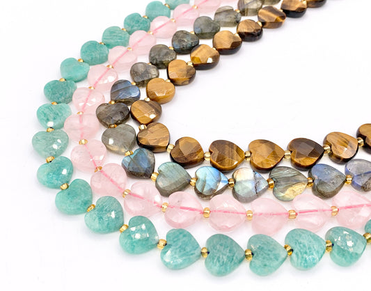 12mm Shiny Heart Shape Hand Cut Gemstone Beads Valentine's Day Heart Beads 15" Tiger's Eye/Labradorite/Rose Quartz/Peruvian Amazonite