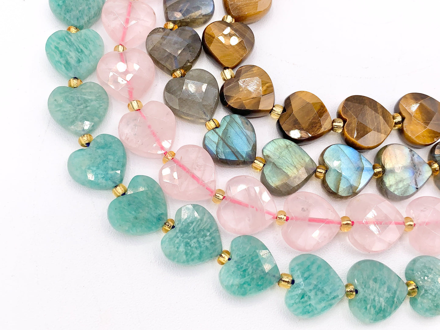 12mm Shiny Heart Shape Hand Cut Gemstone Beads Valentine's Day Heart Beads 15" Tiger's Eye/Labradorite/Rose Quartz/Peruvian Amazonite