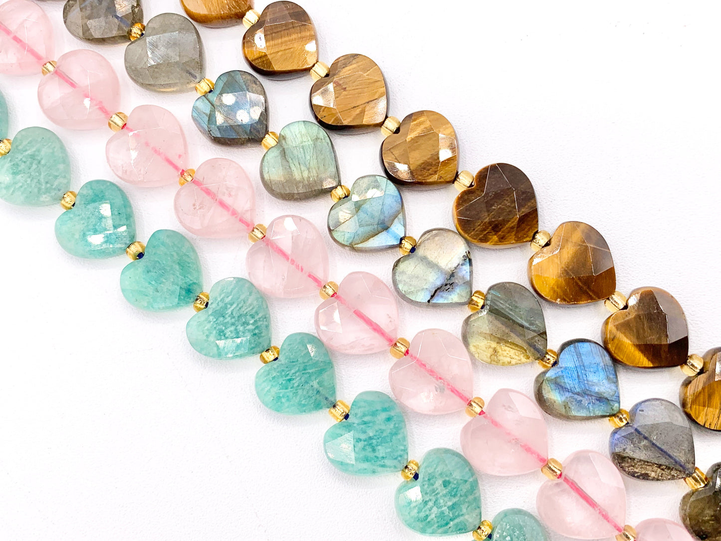 12mm Shiny Heart Shape Hand Cut Gemstone Beads Valentine's Day Heart Beads 15" Tiger's Eye/Labradorite/Rose Quartz/Peruvian Amazonite