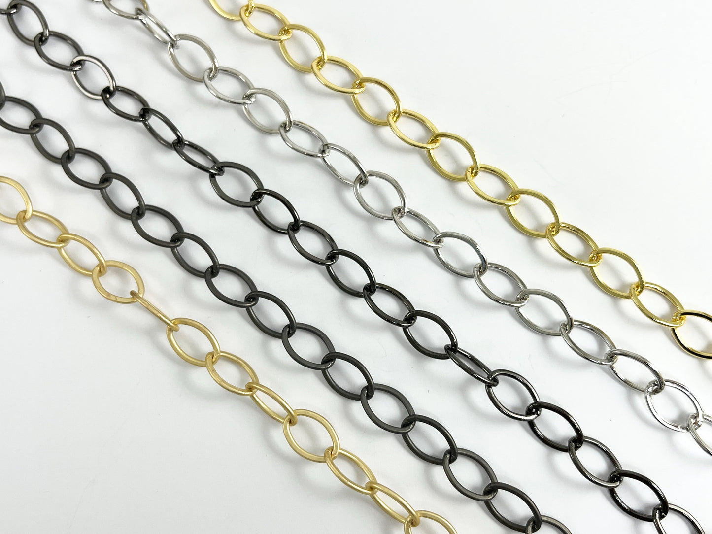 Real Gold Plated Copper Flat Oval Chain By The Yard in Gold, Silver, Gunmetal, Matte Gunmetal and Matte Gold Color