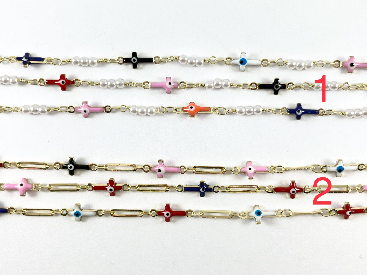 Real Gold 18K Plated Multicolor Enamel Cross Evil Eye with Imitation Pearl Chain By The Yard For Jewelry Making/Designs