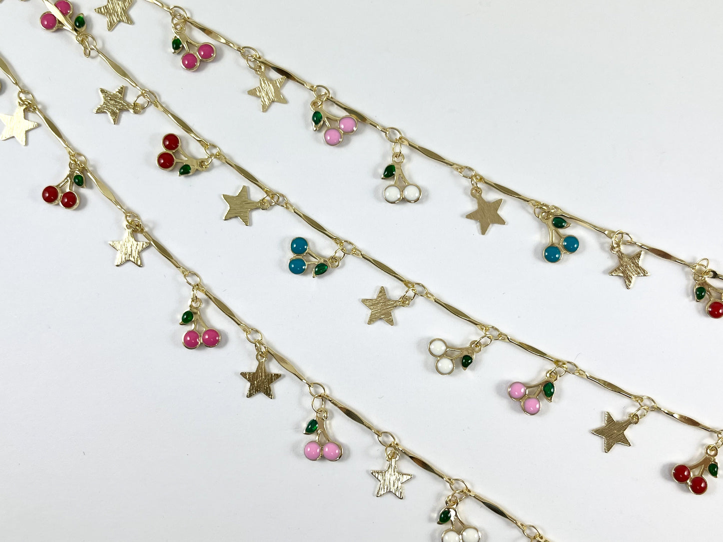 18K Gold Plated Enamel Plated Copper Cherry & Star Dangle Chain By The Yard For Bracelets, Anklets and Necklaces Making