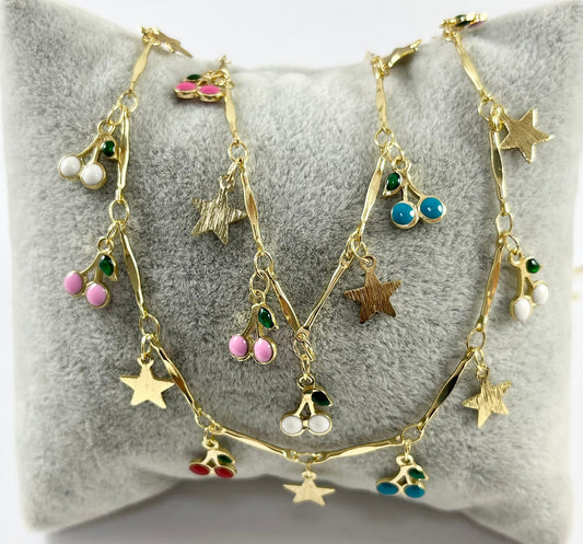 18K Gold Plated Enamel Plated Copper Cherry & Star Dangle Chain By The Yard For Bracelets, Anklets and Necklaces Making