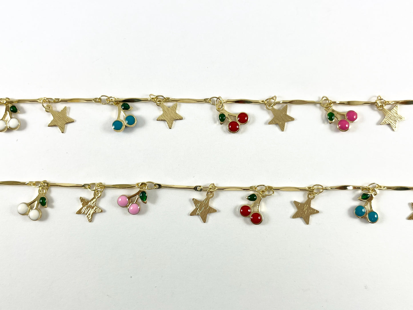 18K Gold Plated Enamel Plated Copper Cherry & Star Dangle Chain By The Yard For Bracelets, Anklets and Necklaces Making