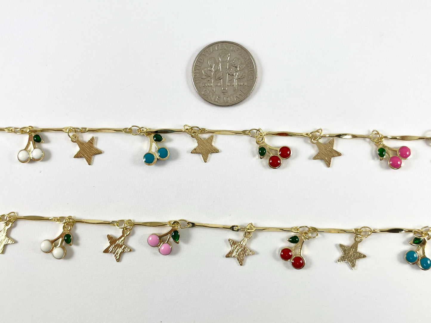 18K Gold Plated Enamel Plated Copper Cherry & Star Dangle Chain By The Yard For Bracelets, Anklets and Necklaces Making