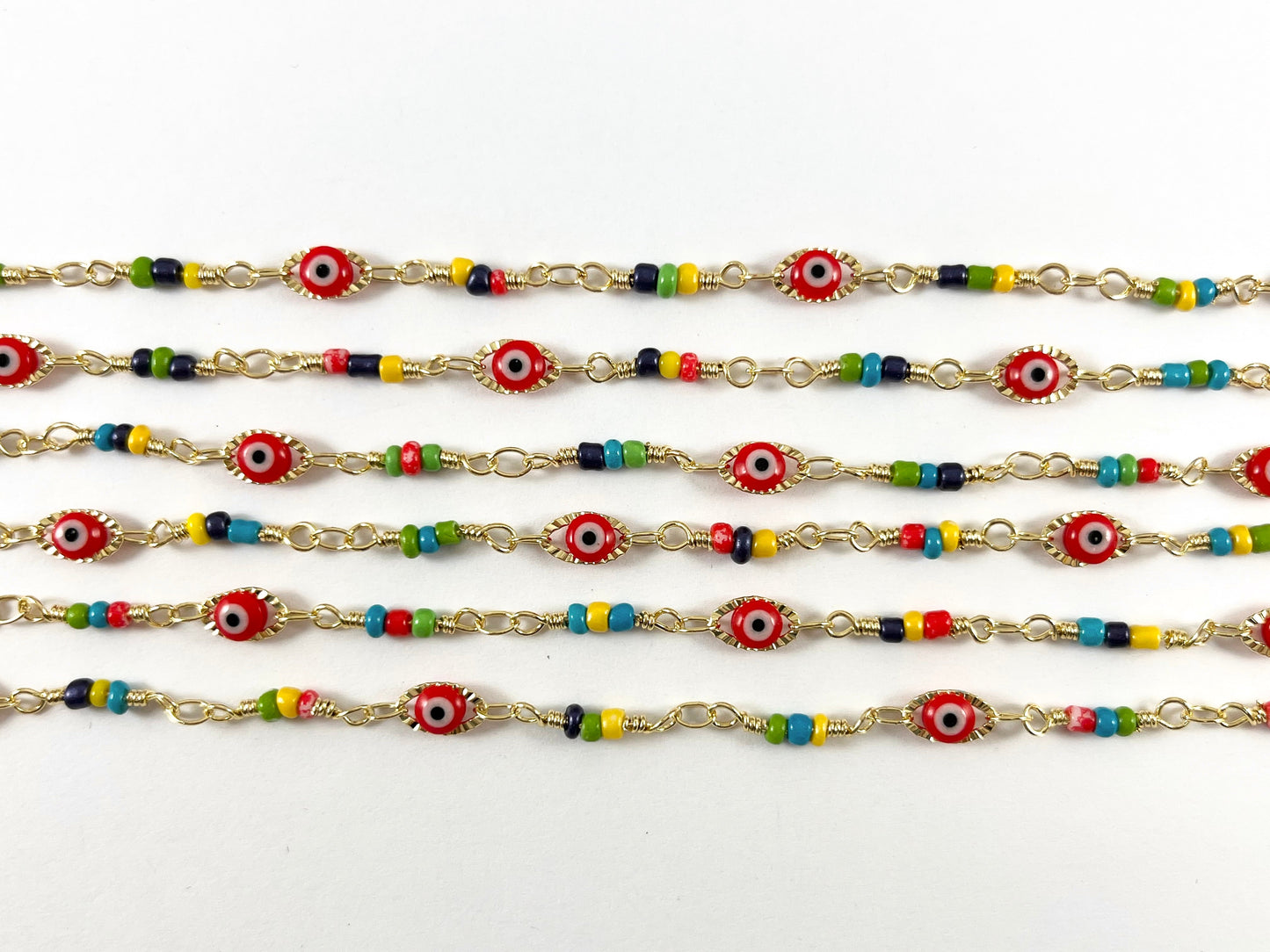 18K Gold Plated Copper Festival Multicolor Seed Bead with Red Evil Eye Chain By The Yard For Jewelry Making and Designs