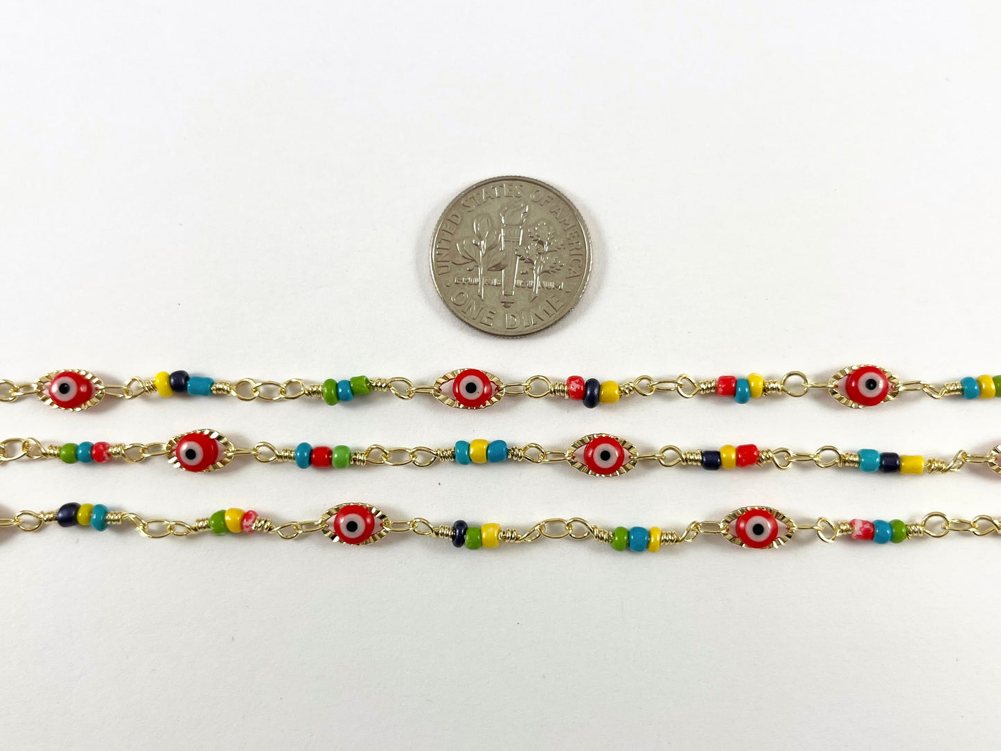 18K Gold Plated Copper Festival Multicolor Seed Bead with Red Evil Eye Chain By The Yard For Jewelry Making and Designs